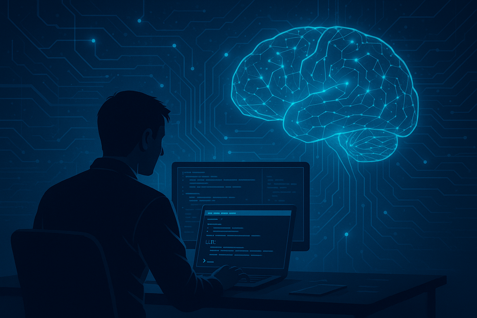 Web開発者がAI技術を活用している様子を描いた未来的なイラスト